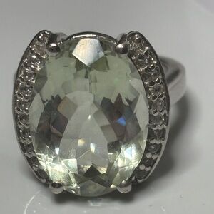925 Sterling Silver Prasiolite Ring with Diamond Accents SZ 6